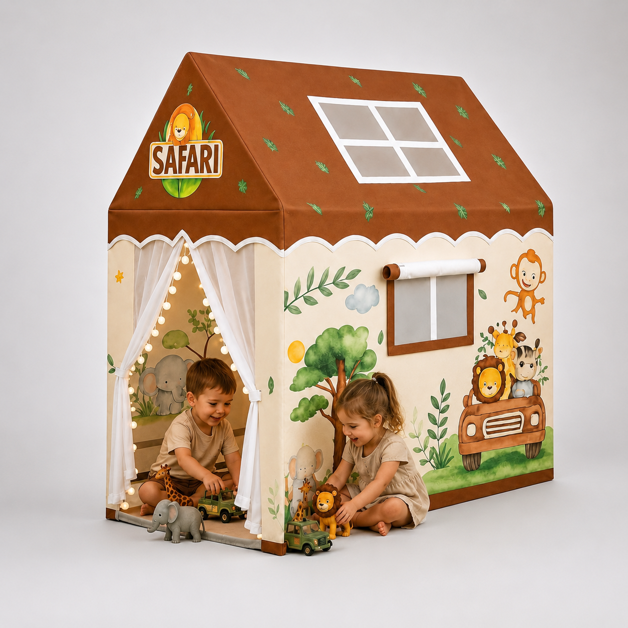 Kiddlix Kids Play Tent House Safari Jungle Adventure Indoor & Outdoor Playhouse for Boys & Girls Age 3-8 Years Foldable Portable Kids Tent with Curtains & Mesh Windows