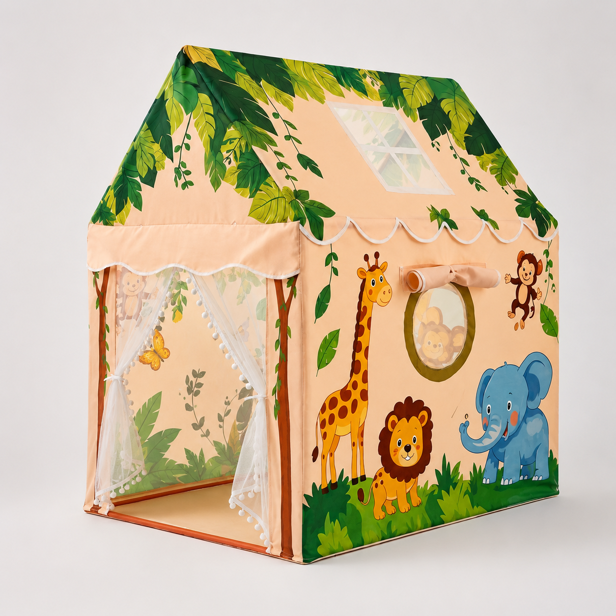 Kiddlix Kids Play Tent House Jungle Safari Indoor & Outdoor Playhouse for Boys & Girls Age 3-8 Years Foldable Portable Kids Tent with Curtains & Mesh Windows