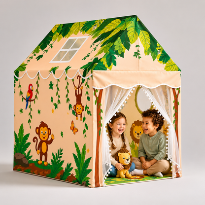 Kiddlix Kids Play Tent House Jungle Safari Indoor & Outdoor Playhouse for Boys & Girls Age 3-8 Years Foldable Portable Kids Tent with Curtains & Mesh Windows