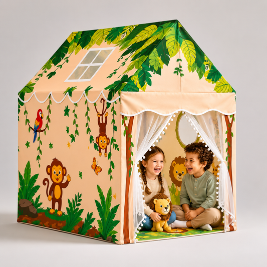 Kiddlix Kids Play Tent House Jungle Safari Indoor & Outdoor Playhouse for Boys & Girls Age 3-8 Years Foldable Portable Kids Tent with Curtains & Mesh Windows