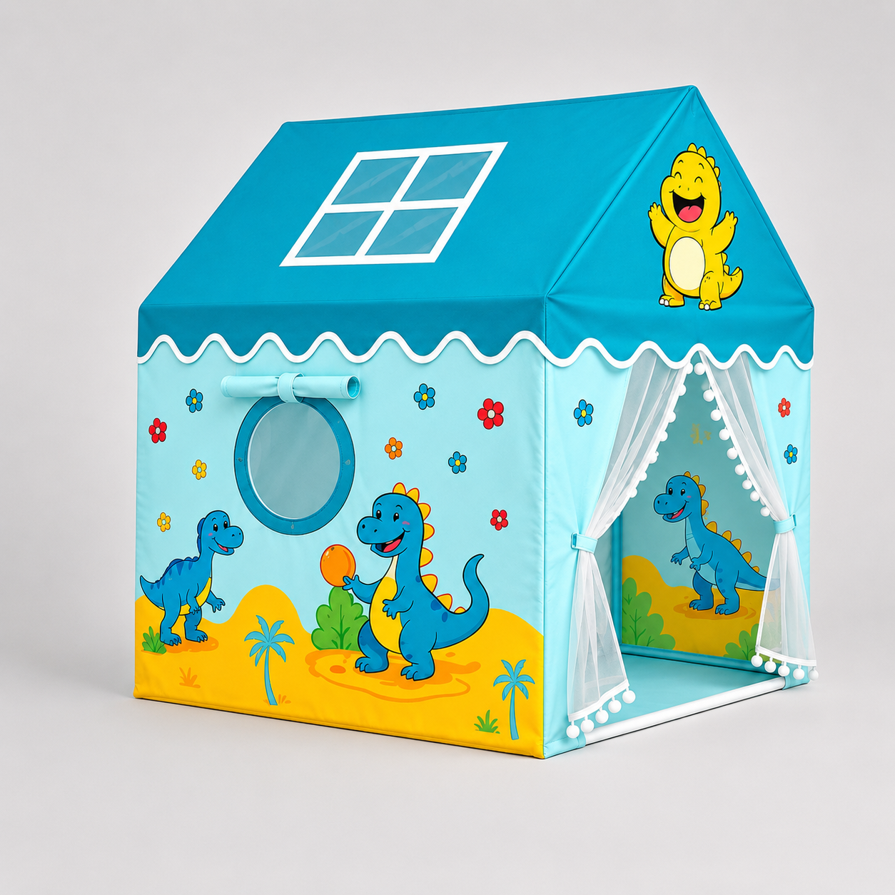 Kiddlix Kids Play Tent House Dinosaur Adventure Indoor & Outdoor Playhouse for Boys & Girls Age 3-8 Years Foldable Portable Kids Tent with Curtains & Mesh Windows