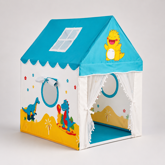 Kiddlix Kids Play Tent House Cute Dinosaur Indoor & Outdoor Playhouse for Boys & Girls Age 3-8 Years Foldable Portable Kids Tent with Curtains & Mesh Windows